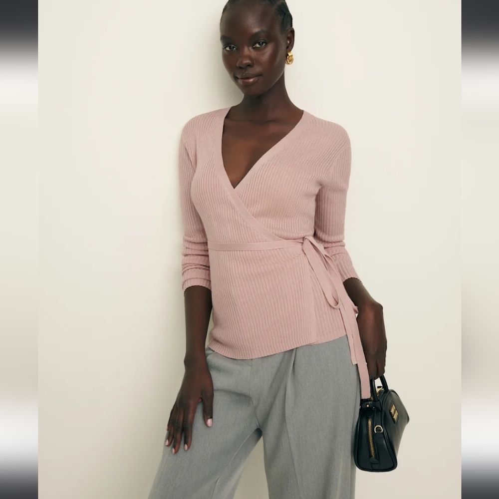 Reformation Blaire Ribbed Wrap Cardigan in Pink